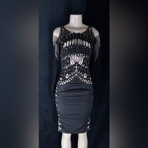 Black Long-Sleeve Embellished Cutout Dress